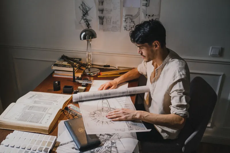 Arquitecto dibujando sobre planos en su escritorio, con catálogos y muestras de materiales