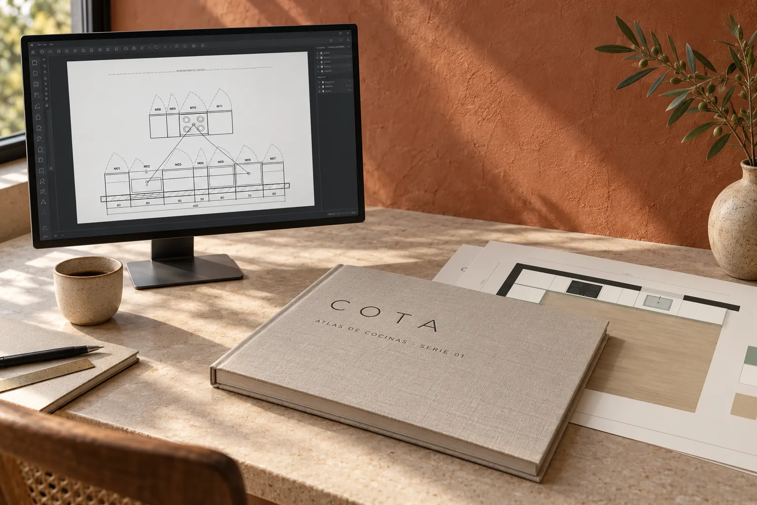 El libro COTA junto a una computadora con el plano de una cocina abierto en el programa de dibujo